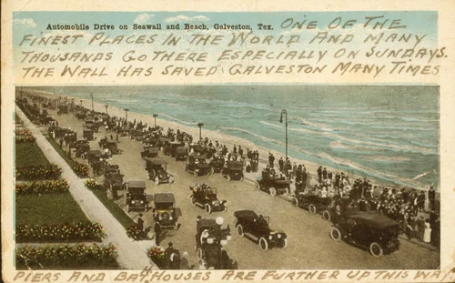 Postcard of Galveston, Texas, seawall and beach